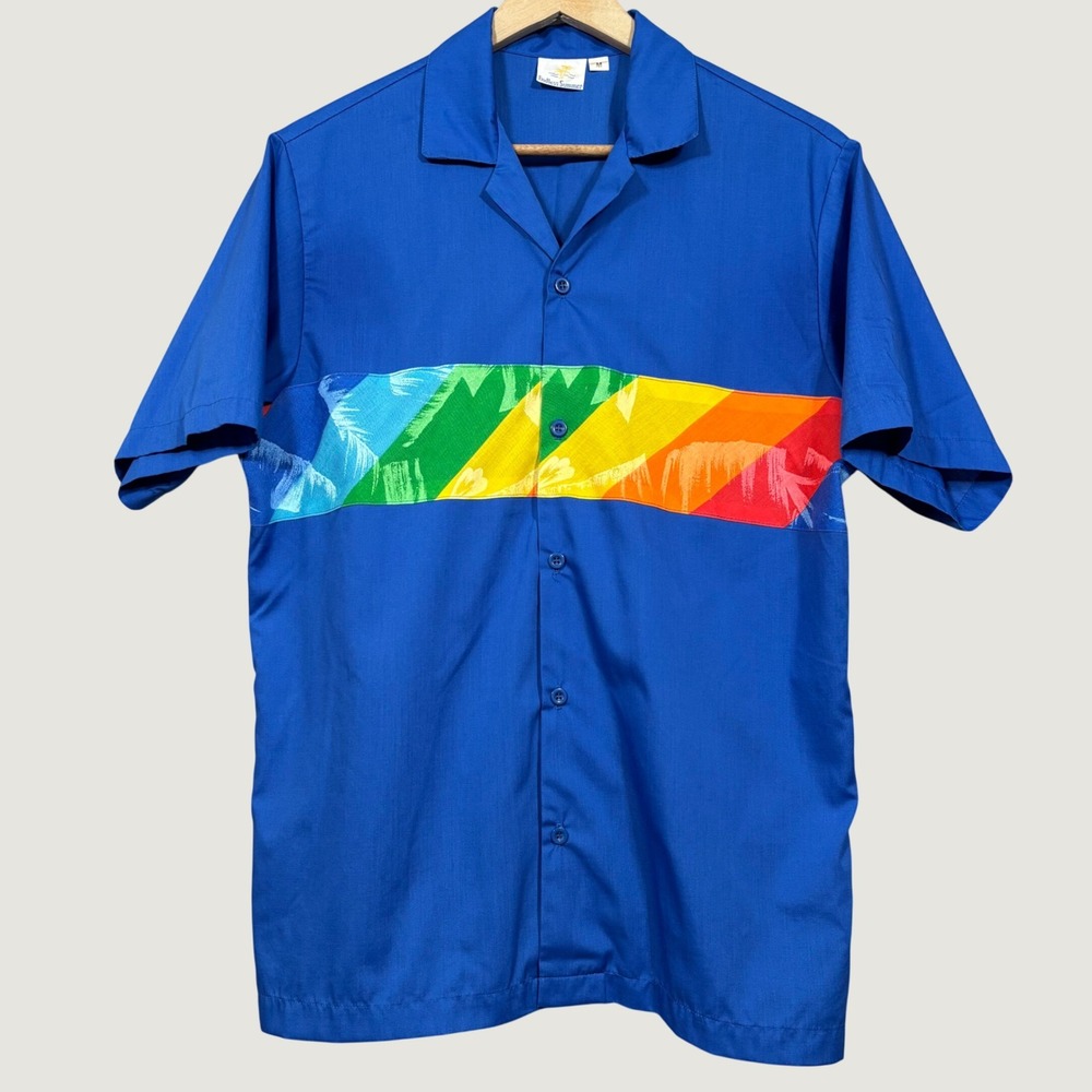 Vintage Endless Summer Shirt Mens M Rainbow Palm Tree Graphic Camp Collar